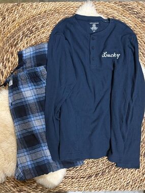 Lucky Brand Men’s Navy & Blue Plaid Long-Sleeve Pajama Set NWOT